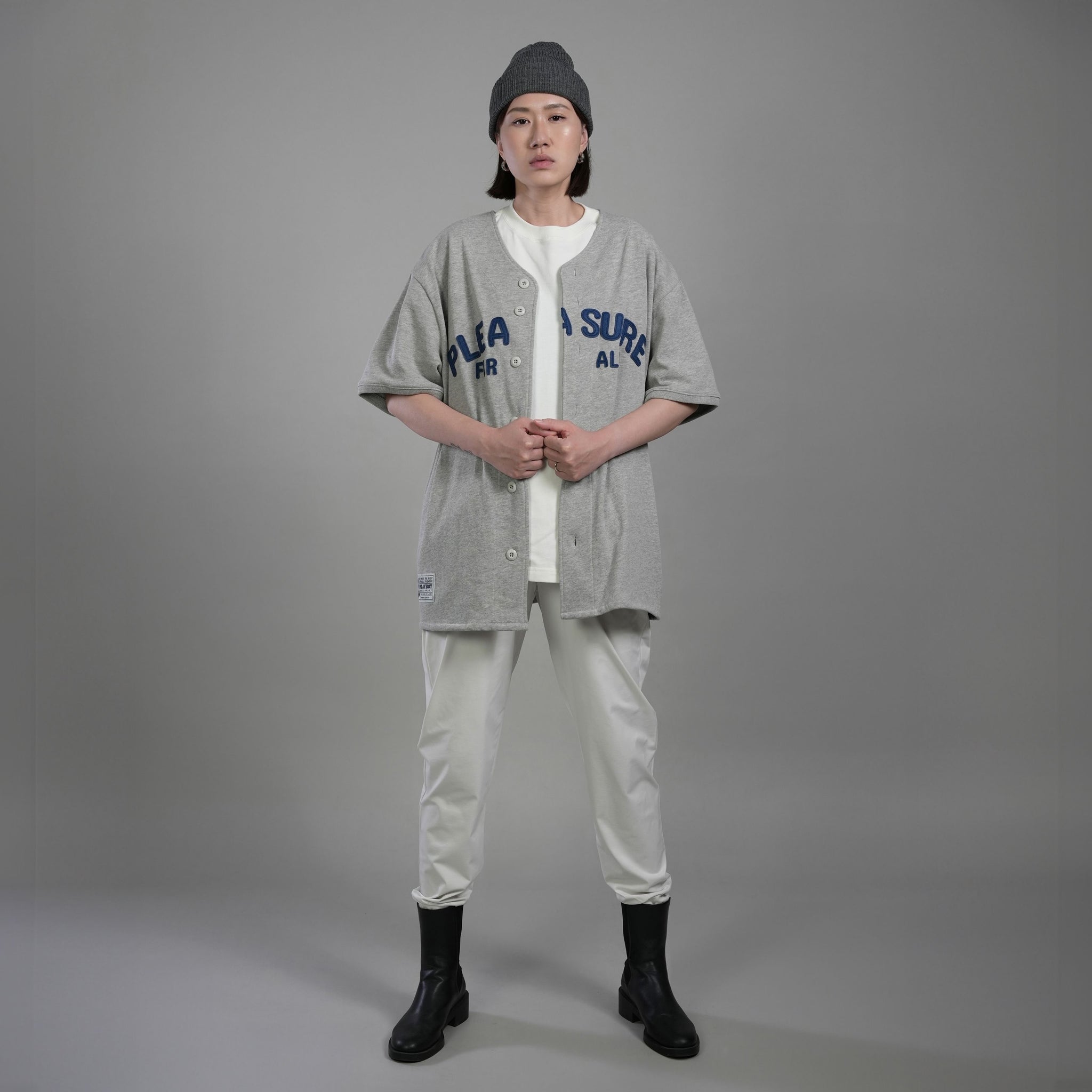【MNPB】XAP聯名款 - 貼布繡棉質印花棒球衫 (灰)